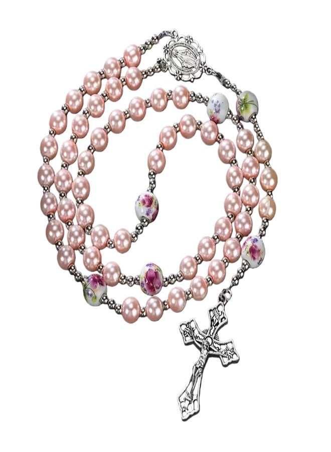CACALOSS 8mm Pearl Alloy Catholic Cross Rosary Necklace - Exquisite Prayer, Portable and Lightweight - Image 1